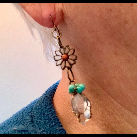 Quartz & Turquoise Brass Flower Earrings - Picture 7 of 13